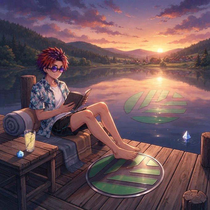 An anime-style illustration of a red-haired character in a Hawaiian shirt reading a book on a wooden dock at sunset by a lake, with green leaf logos floating in the scene.