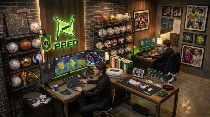 A 3D-rendered room showing two people working at gaming/sports analytics setups, decorated with soccer balls, framed photos, and a neon sign reading 'PRED'.