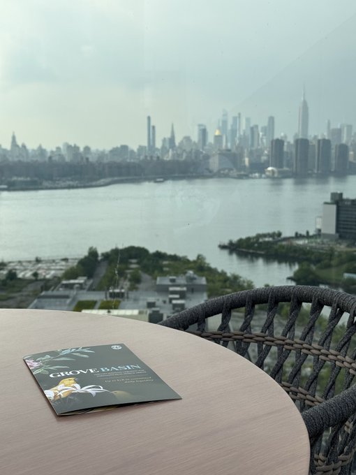 A view from a high-rise balcony overlooking the New York City skyline and a river, with a 'GROVE BASIN' menu card resting on a table in the foreground.