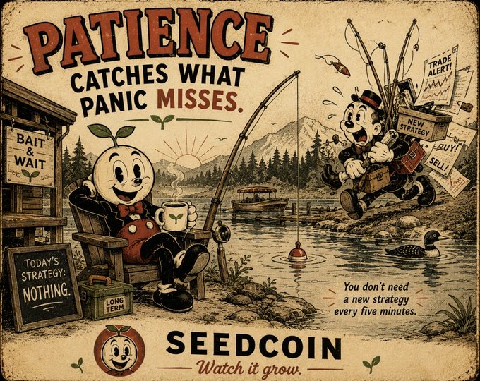 A vintage-style poster for 'SEEDCOIN' features cartoon characters and bears the slogans 'PATIENCE CATCHES WHAT PANIC MISSES' and 'Watch it grow.', along with a chalkboard reading 'TODAY'S STRATEGY: NOTHING.'