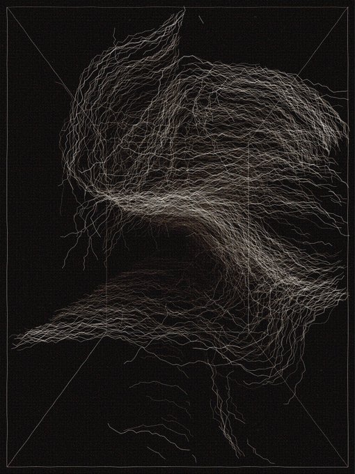 A dark, abstract artwork depicting a face composed of tangled, wavy white lines on a black background, framed by a thin border with crossed lines.