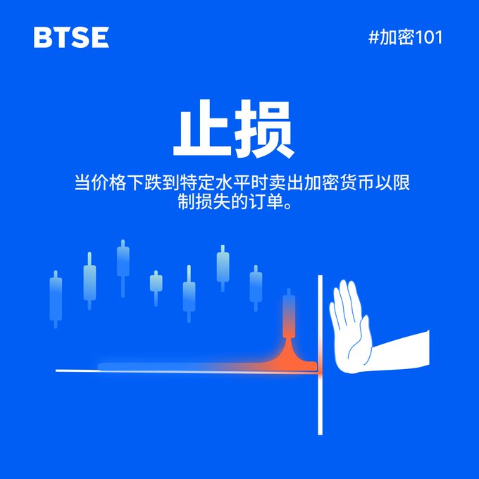 The image features a blue background with white text that reads "BTSE Crypto 101 Class is Now in Session!". The caption below the image states, "Stop Loss. Protect your principal to keep fighting! Set your stop loss on BTSE for steady trading!" which is related to the post about crypto trading.