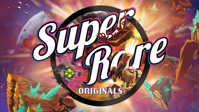 A vibrant promotional graphic for 'Super Rare Originals' displaying stylized logo text over a colorful fantasy scene with a dragon, a moon, and crystal-filled cliffs.