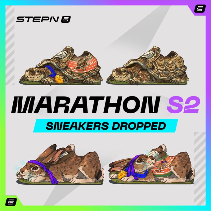A STEPN promotional graphic for 'MARATHON S2 SNEAKERS DROPPED' featuring illustrated tortoises and rabbits wearing athletic shoes and medals.