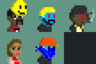 A collection of five pixel art character portraits in various styles, featuring diverse characters with distinct hairstyles and accessories against a teal background.