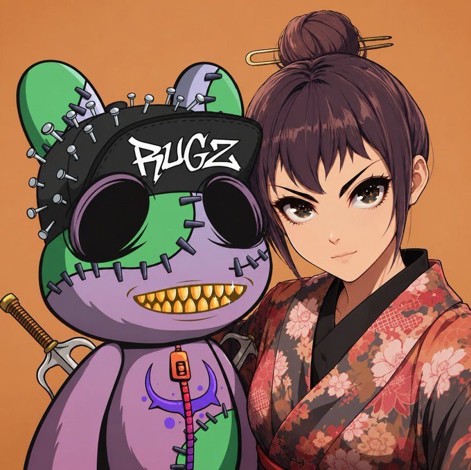 Anime-style illustration featuring a purple-haired woman in a red and black floral kimono standing next to a stitched plush toy wearing a black 'BUGZ' cap, with a sword handle visible in the background.
