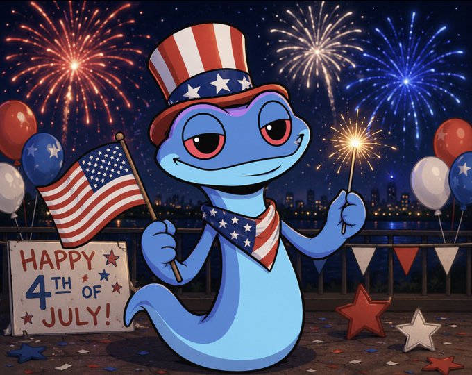 A cartoon blue snake wearing a stars-and-stripes Uncle Sam top hat and bandana holds an American flag and a lit sparkler against a fireworks-filled sky, with a sign reading 'HAPPY 4TH OF JULY!'.