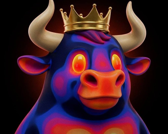 A vibrant 3D-rendered illustration of a colorful bull character with purple and blue spotted skin, glowing yellow eyes, a golden crown, and white horns against a black background.