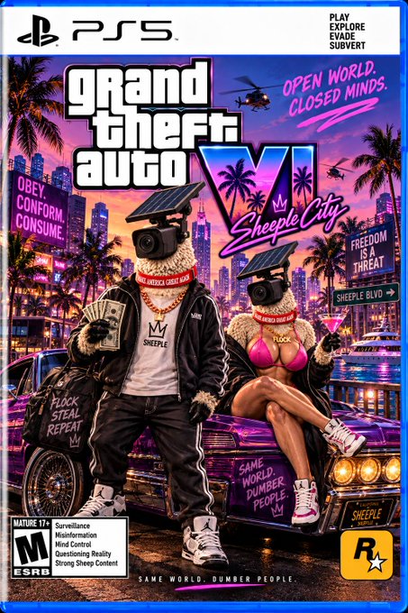 A parody video game cover titled 'grand theft auto VI Sheeple City' styled like a PS5 game case features two masked characters in a vibrant city scene with text including 'OPEN WORLD. CLOSED MINDS.' and 'SHEEPLE BLVD'.