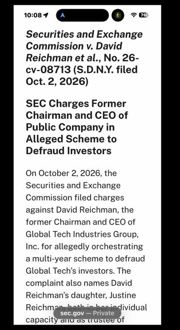 A mobile news screenshot from 'sec.gov' reporting on the case 'Securities and Exchange Commission v. David Reichman et al., No. 26-cv-08713 (S.D.N.Y. filed Oct. 2, 2026)'. The headline reads 'SEC Charges Former Chairman and CEO of Public Company in Alleged Scheme to Defraud Investors'.