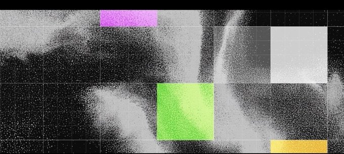 A grainy, abstract grayscale background features scattered colored rectangles in pink, green, gray, white, and yellow, creating a textured, digital aesthetic. The accompanying text about Web3 identity and onchain reputation suggests the image symbolizes the multifaceted, pixelated nature of decentralized digital presence, with the fragmented colorful blocks representing different components of a user's blockchain persona.
