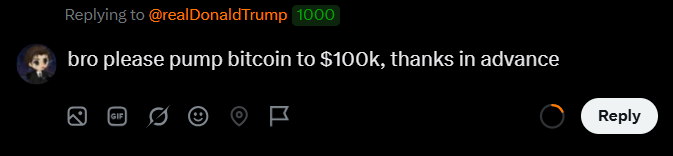 A tweet reply to @realDonaldTrump that reads 'bro please pump bitcoin to $100k, thanks in advance.'
