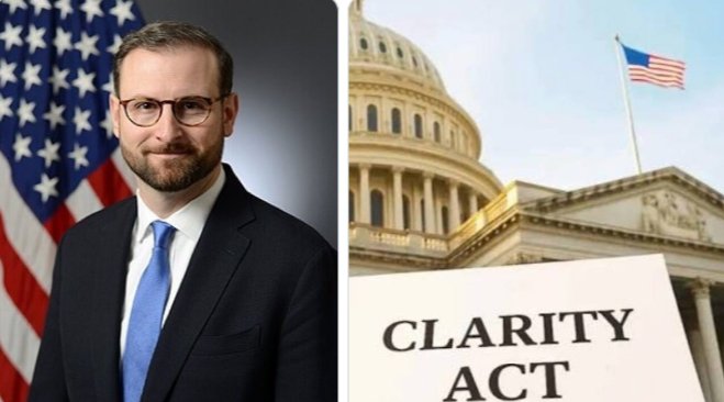 White House crypto advisor Patrick Witt, pictured beside an American flag, is featured alongside an image of the U.S. Capitol and a document labeled "CLARITY Act," illustrating the post's message about Congress's narrowing window to pass the digital asset market structure legislation before the upcoming Senate vote.