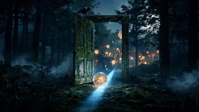 A fantasy digital artwork depicts a moss-covered wooden doorway standing open in a dark forest, with a raven perched on top and a glowing dandelion seed on the ground emitting a beam of blue light.