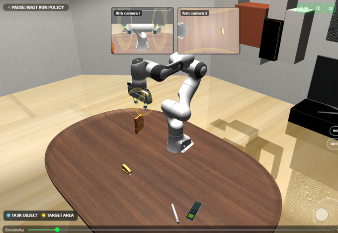 A screenshot of a robotic arm simulation game showing two arm camera views and a table with task objects including a banana, marker, and phone, with 'PAUSE: WAIT RUN POLICY' displayed.