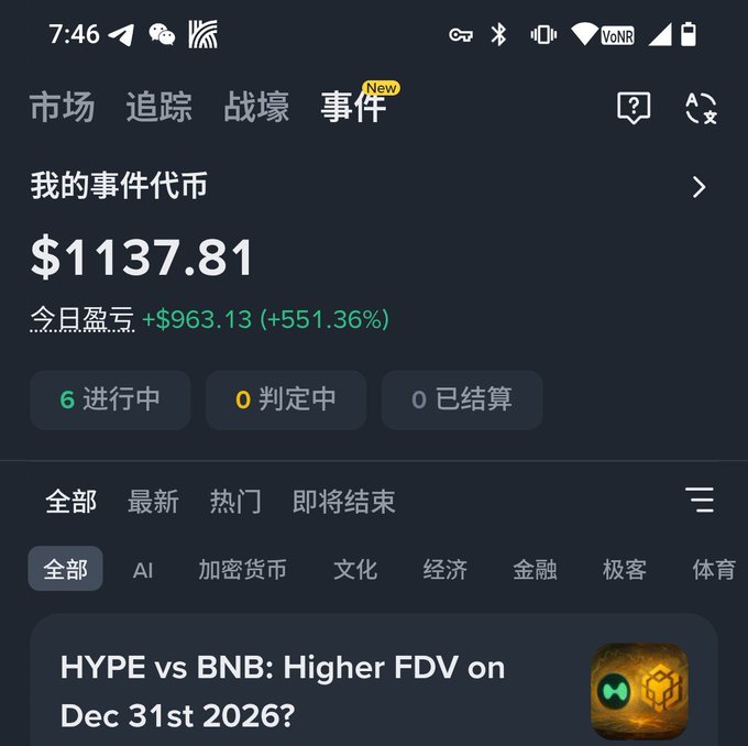 The image features a smartphone screen displaying some sort of information related to cryptocurrencies. The main focus is on an item titled " hype vs BnB: Higher FVD on Dec 31st 2026?" along with several options and choices for users to consider, such as choosing between different strategies in the prediction market. A post or chart shows that @42space has made a hit with their $光源 strategy, while another player @genius seems to have chosen the BnB strategy. The conversation around these predictions is about whether or not they were accurate and how the current situation might impact the future of cryptocurrency trading.