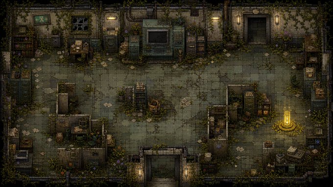 An overhead view of a dimly lit, dilapidated room with overgrown vegetation, scattered papers, and various electronic equipment like a central console and server racks.