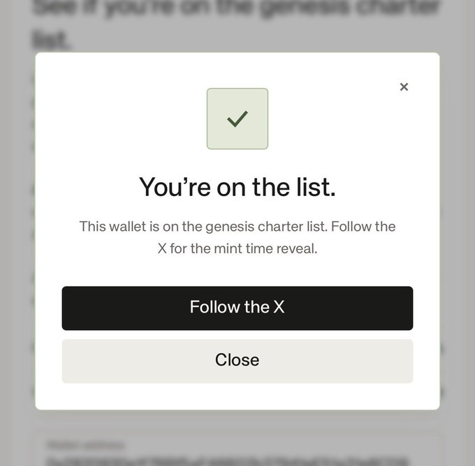 A confirmation modal displaying "You're on the list. This wallet is on the genesis charter list. Follow the X for the mint time reveal." with options to "Follow the X" or "Close," showing the user has been verified for an upcoming September 14th whitelist mint event.
