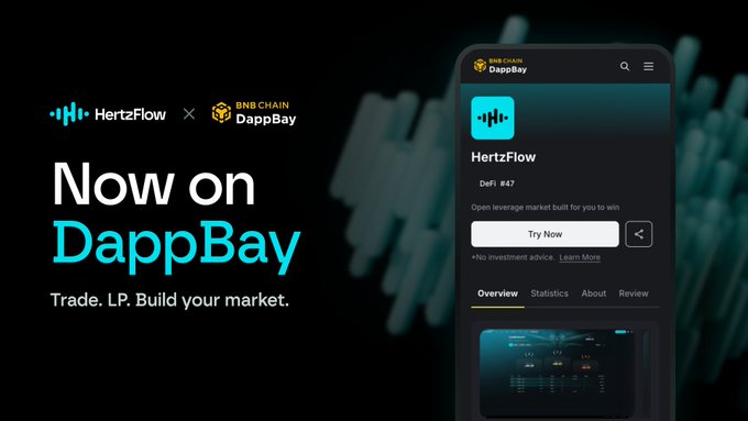 The image is a promotional graphic announcing that HertzFlow is now listed on BNB Chain's DappBay, featuring the HertzFlow logo alongside the BNB Chain DappBay branding with the tagline "Now on DappBay — Trade. LP. Build your market." A mockup of a smartphone displays the HertzFlow DeFi #47 listing on the DappBay app with a "Try Now" button, directly visualizing the caption's announcement of HertzFlow's availability on dappbay.bnbchain.org.