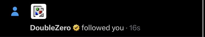 A social media notification showing 'DoubleZero ✓ followed you · 16s' with a blue profile icon and a QR code-style logo.