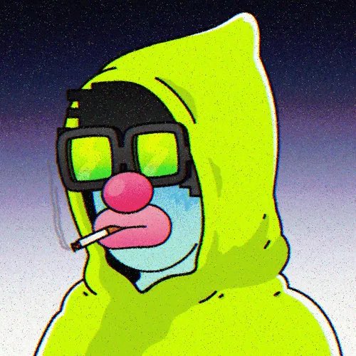 A stylized digital drawing depicts a character in a bright yellow hoodie wearing pixelated sunglasses and smoking a cigarette.