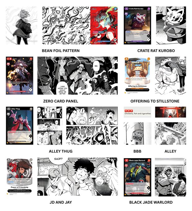 The image showcases a collection of Azuki manga panels alongside their corresponding TCG (Trading Card Game) cards, highlighting visual tie-ins and references between the two. Visible card names include "Crate Rat Kurobo," "Offering to Stillstone," "Alley Thug," "BBB," "JD and Jay," and "Black Jade Warlord," paired with related manga artwork such as "Bean Foil Pattern," "Zero Card Panel," and "Alley." This directly supports the post's observation about the intentional, subtle connections between the Azuki manga and its TCG characters.