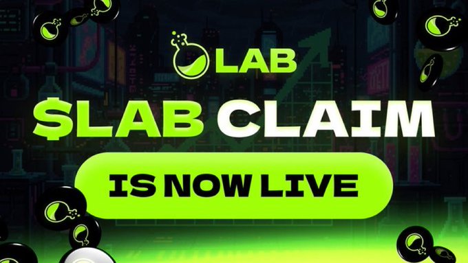 A promotional graphic with a green and black theme featuring a 'LAB' flask logo, announcing '$LAB CLAIM IS NOW LIVE' with floating bomb icons in the background.