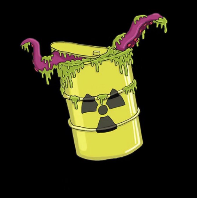An illustration of a yellow radioactive waste barrel marked with a black trefoil symbol, oozing dripping green slime and purple tentacle-like appendages against a black background.