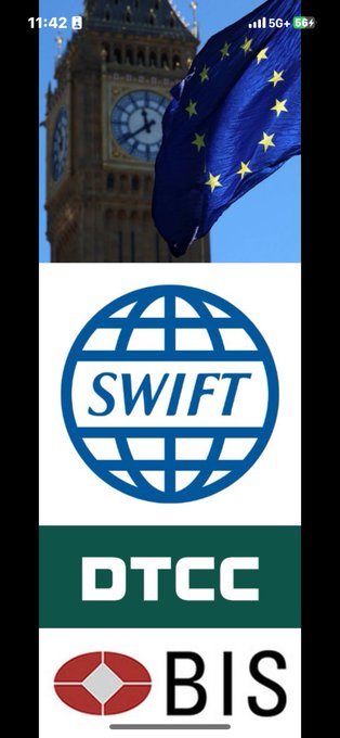 A mobile screenshot showing Big Ben and an EU flag, with logos for SWIFT, DTCC, and BIS stacked below, timestamped 11:42.