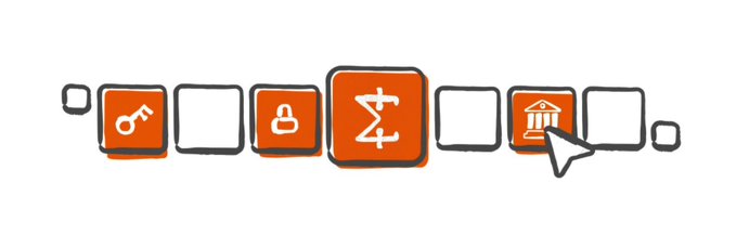 A hand-drawn illustration shows a row of orange and white app-like icons—including a key, a lock, a Sigma (Σ) symbol, and a classical building (likely representing a bank or institution)—with a cursor hovering over the building icon, visually representing Miden's shift in where transaction execution occurs. The Sigma symbol prominently reflects Miden's core cryptographic framework, while the key and lock icons symbolize its focus on private notes and client-side execution discussed in the post.