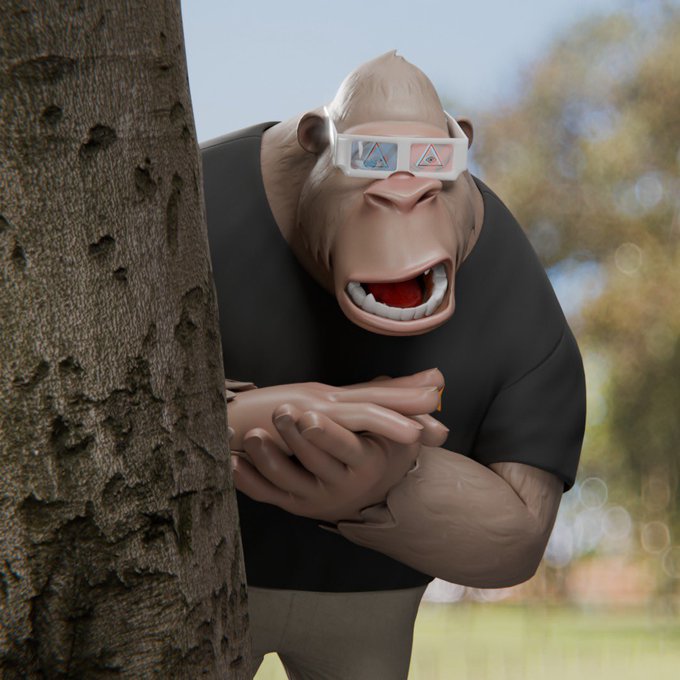 A 3D-rendered gorilla wearing a black t-shirt and white-framed sunglasses peeks from behind a tree with an open-mouthed expression, holding its hands together.