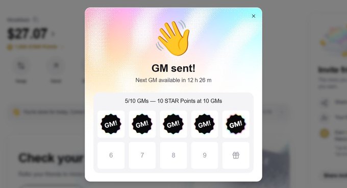 A pop-up notification from the Startale App displays "GM sent!" with a waving hand emoji, showing the user has completed 5 out of 10 GMs toward earning 10 STAR Points, with the next GM available in 12h 26m. This aligns with the post's reminder about maintaining a daily GM streak to accumulate STAR Points.