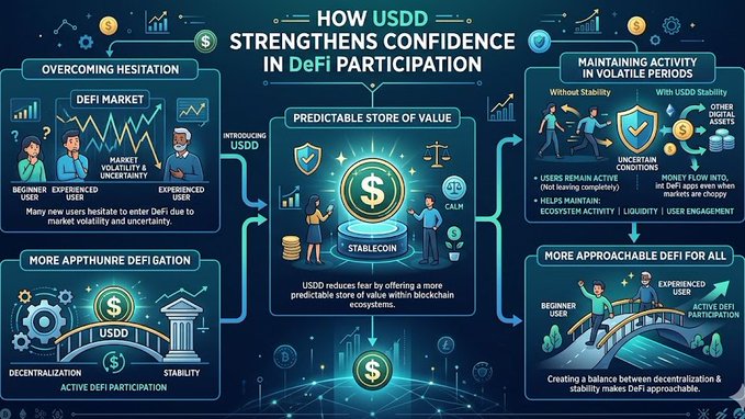 The image displays a flow chart-like illustration that explains why users are hesitant to participate in DeFi due to market fluctuations and market instability. The diagram illustrates various concepts, such as confidence, stability, and transaction fees, all relevant factors influencing user behavior in DeFi platforms.