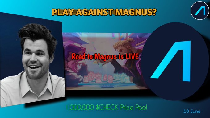 In the image, a man wearing a white shirt stands next to a blue postcard featuring a cartoon character playing a game with the caption "Play against Magnus? Road-to-Magnus is live". There's also an illustration of two figures involved in this game, one on top and another below. The postcard contains text that says: "World #1 Magnus Carlsen is about to play on @AnichessGame What's even crazier? a regular player can still qualify and earn a seat across from him through the Road-to-Magnus qualifier and there'S a 1,000,000 $CHECK prize pool on the line saw this from Anichess and honestly". The caption also mentions that an item has been bought for $1,000,000.