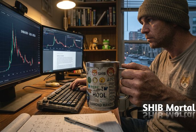 A man wearing a beanie sips from a mug labeled with crypto tickers "$SHIB," "$PEPE," "$BONK," and "DIAMOND HANDS" while staring intently at price charts from 2021-2026 on dual monitors, perfectly illustrating the post's theme of holding meme coins through the highs and lows.