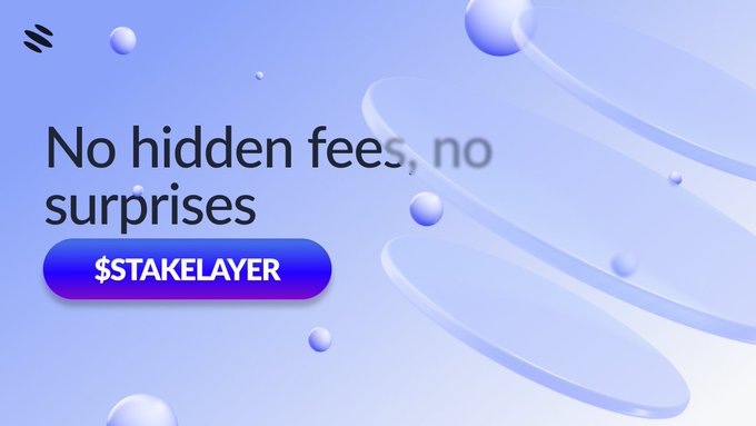 A blue promotional graphic with the text 'No hidden fees, no surprises' and a button labeled '$TAKELAYER'.