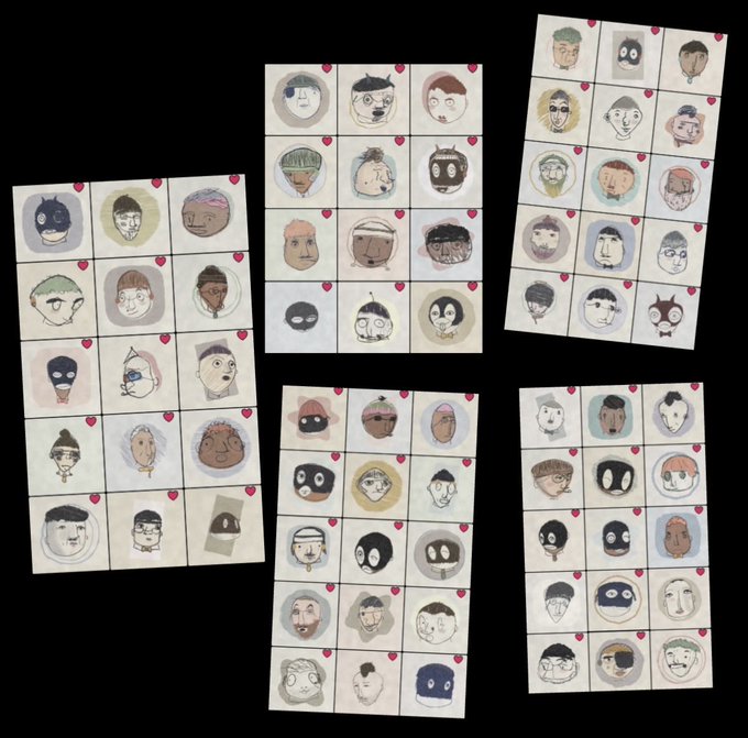 Five sheets of paper displaying a collection of small, hand-drawn character portraits and faces arranged in grids with small red heart markings.