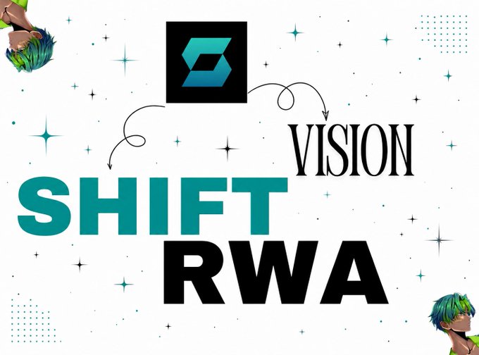 A stylized graphic featuring a geometric logo, sparkles, and the bold text "SHIFT VISION RWA," accompanied by two anime-style character illustrations in the corners. The image visually reinforces the caption's message of bringing real-world assets on-chain, tying the project's branding to its vision of bridging traditional finance with blockchain.