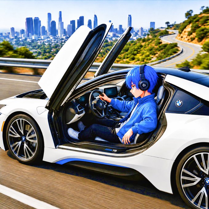 An anime-style character with blue hair and headphones sits in the driver's seat of a white BMW i8 with its butterfly doors open, driving on a highway near a city.