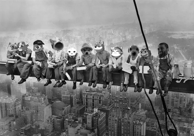 A black-and-white parody of the famous 'Lunch atop a Skyscraper' photograph, with workers' faces replaced by various cartoon characters, meme faces, and internet icons.