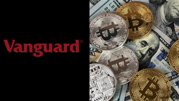 The image shows the red Vanguard logo on a black background alongside physical Bitcoin coins resting on U.S. dollar bills, visually representing the asset manager's new move into digital assets amid the news of Vanguard hiring its first Head of Digital Assets.