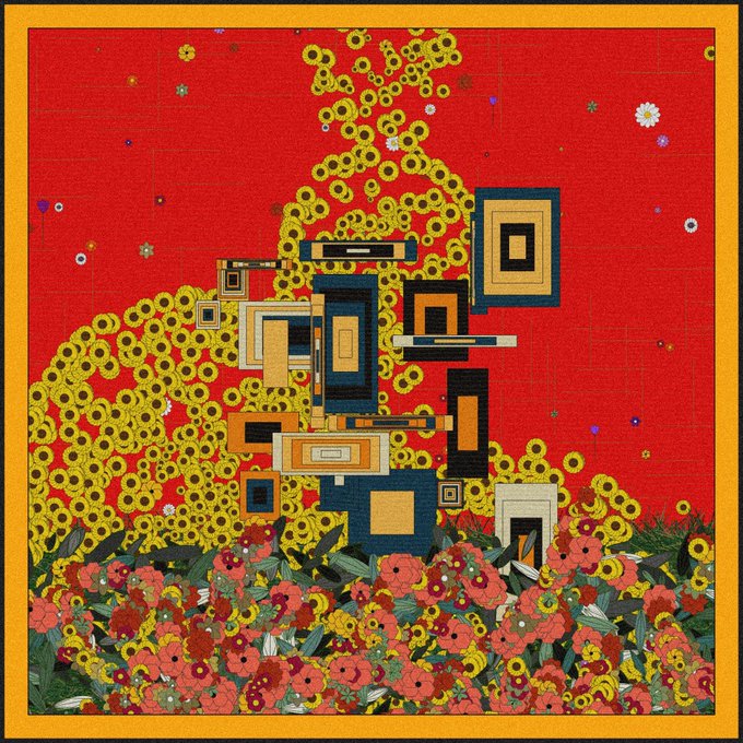 A vibrant textile or artwork featuring abstract geometric squares in navy, tan, and white layered over a field of yellow sunflowers and red poppies against a bright red background.