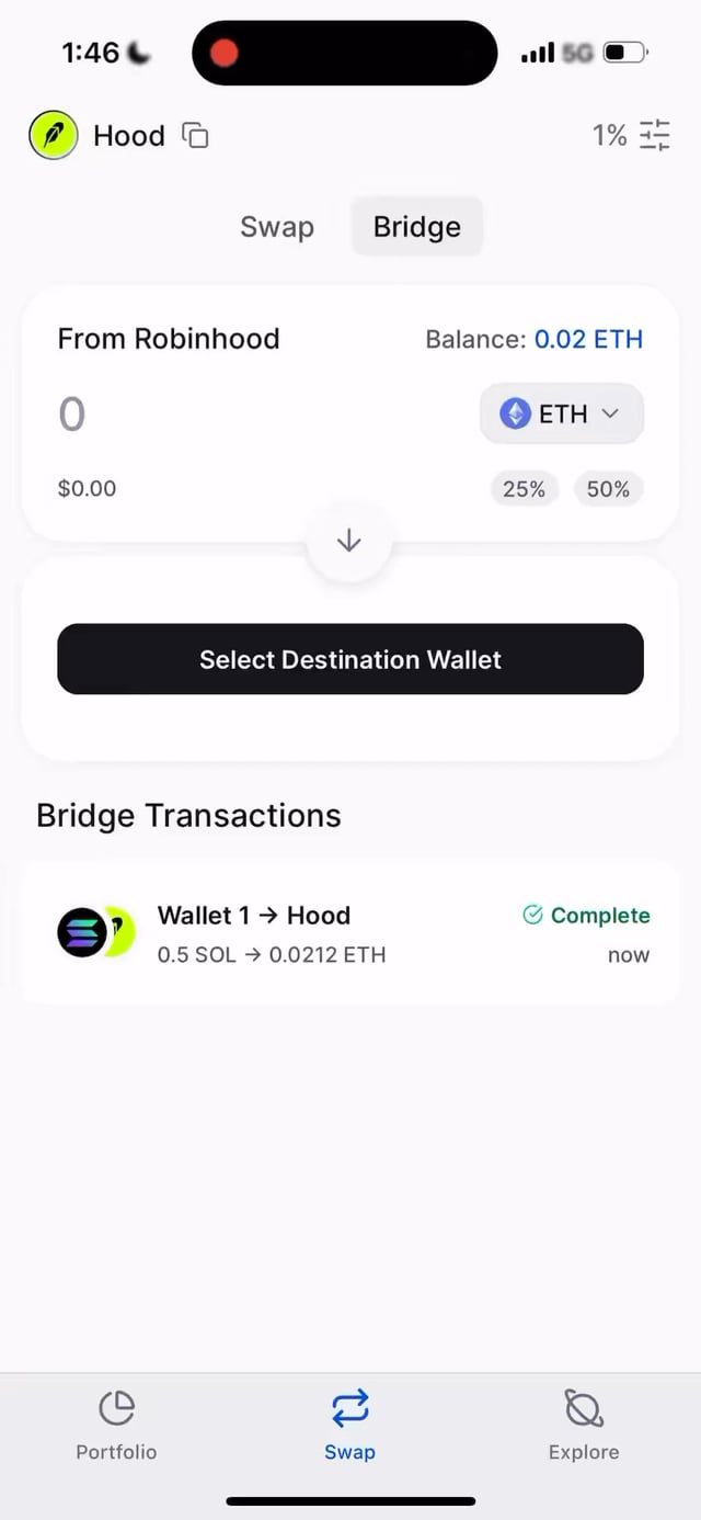 A mobile screenshot of a crypto wallet app showing a 'Bridge' transaction interface for swapping 0.02 ETH from a 'Hood' wallet, with a completed bridge transaction from 'Wallet 1' to 'Hood' of 0.5 SOL to 0.0212 ETH.