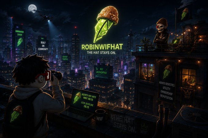 A nighttime cityscape promotional image featuring a character with a camera photographing a neon "ROBINWIFHAT - THE HAT STAYS ON" logo, with various billboards promoting "DEDICATED CHAIN", "BUILT ON COMMUNITY", "AGENTS WIF HATS MINT 08.15", and "LOCK DEADLINE 08.15".