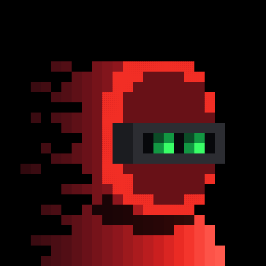 Pixel art of a red hooded figure with a glowing green digital visor against a black background.