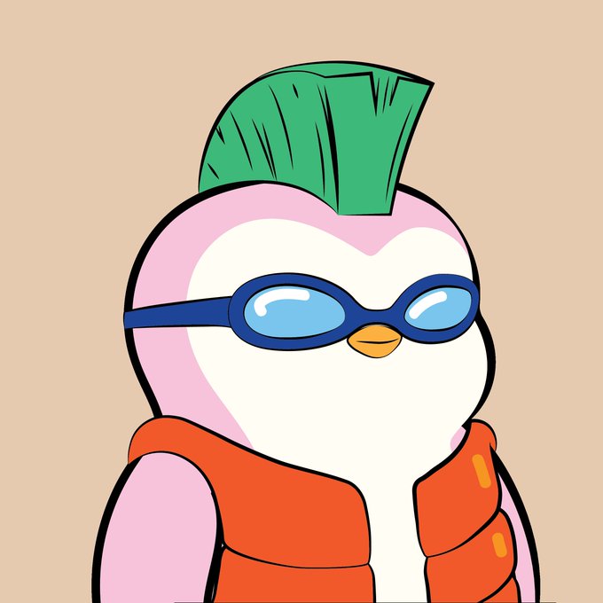 A cartoon penguin character with a green mohawk, blue oval goggles, and an orange puffer vest on a peach background.