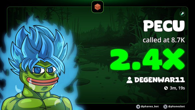 The image features a cartoon character with blue hair, wearing glasses and a mask, standing against a green background that looks like a forest or jungle. The character appears to be a frog or a dragon, depending on the interpretation of the viewer. In the top right corner of the image, there is text that reads "PECU called at 8.7K" and "2x pump on my alpha call on $PECU CA>> ALhMv229ihJseiuy2vChLJNiVwtCdQAPTkwVjvezpump #memecoin #solana #Degen". This text is related to the post, as it provides information about the character's abilities and the context of their appearance.