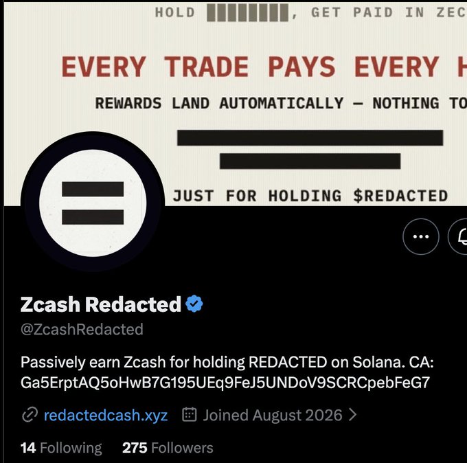 A Twitter/X profile for 'Zcash Redacted' (@ZcashRedacted) promoting passive Zcash earnings for holding REDACTED on Solana, with 14 following and 275 followers.