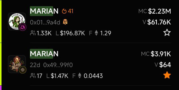 A dark-themed crypto tracking interface displaying two tokens named MARIAN, with market caps of $2.23M and $3.91K, and various holders/liquidity statistics.