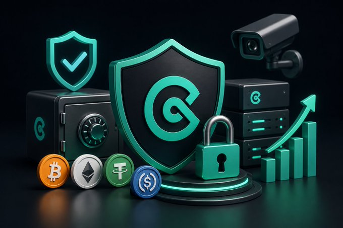 A 3D rendered graphic displays a teal shield logo surrounded by cryptocurrency coins, a safe, server racks, and a security camera.